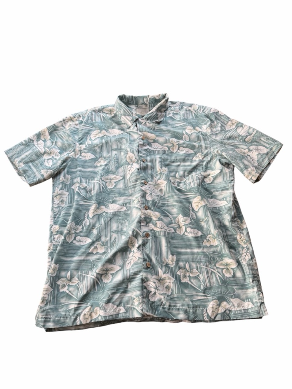 Trader Bay Mens Large Hawaiian Shirt Teal Tropical Floral Short Sleeve Button Up